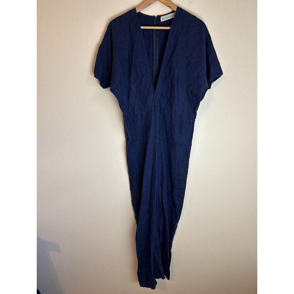 Love and Confuse S Jumpsuit 100% Pure Linen Blue wrap Lagenlook Natural Pants